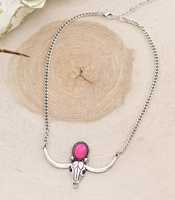 <font color=#FF6EC7>PINK COWGIRL</font> :: Wholesale Western Pink Steer Head Necklace