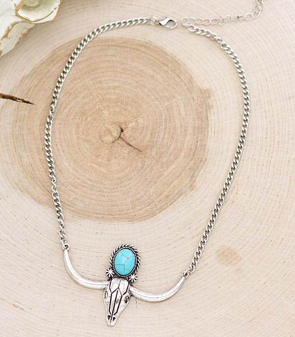 NECKLACES :: CHAIN WITH PENDANT :: Wholesale Western Turquoise Steer Head Necklace