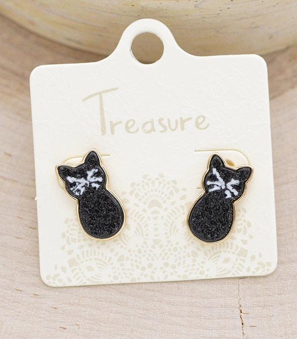 <font color=GREEN>HOLIDAYS</font> :: Wholesale Druzy Black Cat Earrings