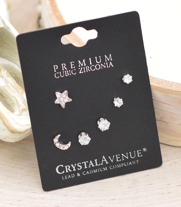 RHINESTONE I CUBIC ZIRCONIA :: Wholesale CZ Star Moon Stud Earrings Set