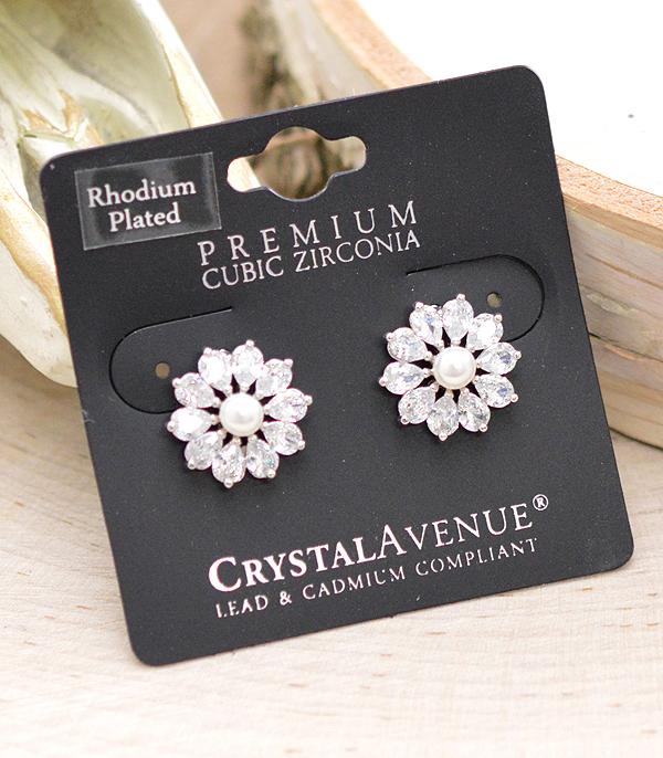 RHINESTONE I CUBIC ZIRCONIA :: Wholesale Rhinestone Pearl Flower Earrings
