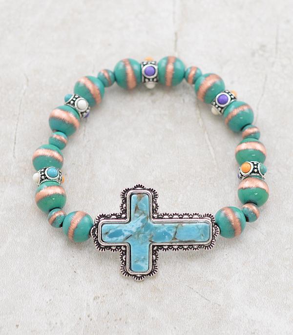 BRACELETS :: STRETCH-BEAD :: Wholesale Western Turquoise Cross Navajo Bracelet