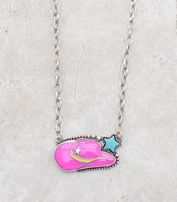 NECKLACES :: CHAIN WITH PENDANT :: Wholesale Western Pink Cowgirl Hat Necklace