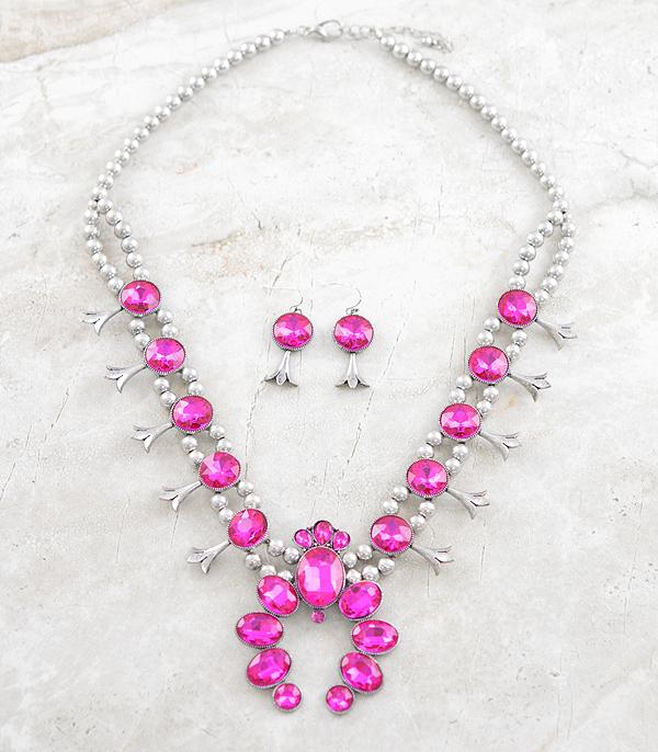 NECKLACES :: WESTERN SQUASH BLOSSOM NECKLACES :: Wholesale Pink Glass Stone Squash Blossom Necklace
