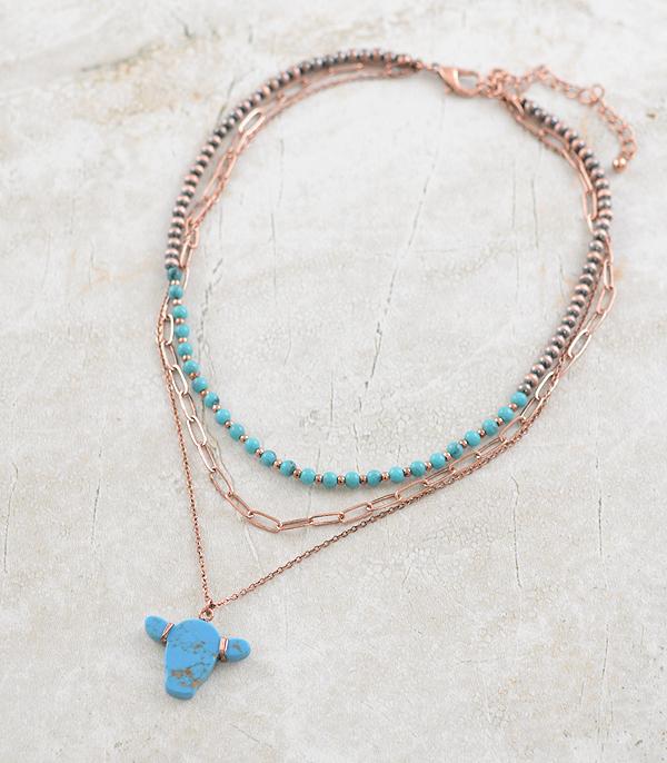 NECKLACES :: TRENDY :: Wholesale Turquoise Cow Pendant Layered Necklace
