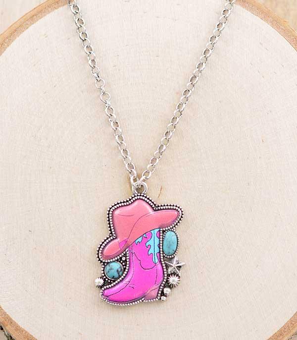 NECKLACES :: CHAIN WITH PENDANT :: Wholesale Pink Cowgirl Boots Hat Necklace