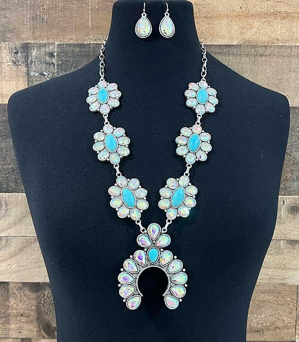 NECKLACES :: WESTERN SQUASH BLOSSOM NECKLACES :: Wholesale Turquoise AB Stone Necklace Set