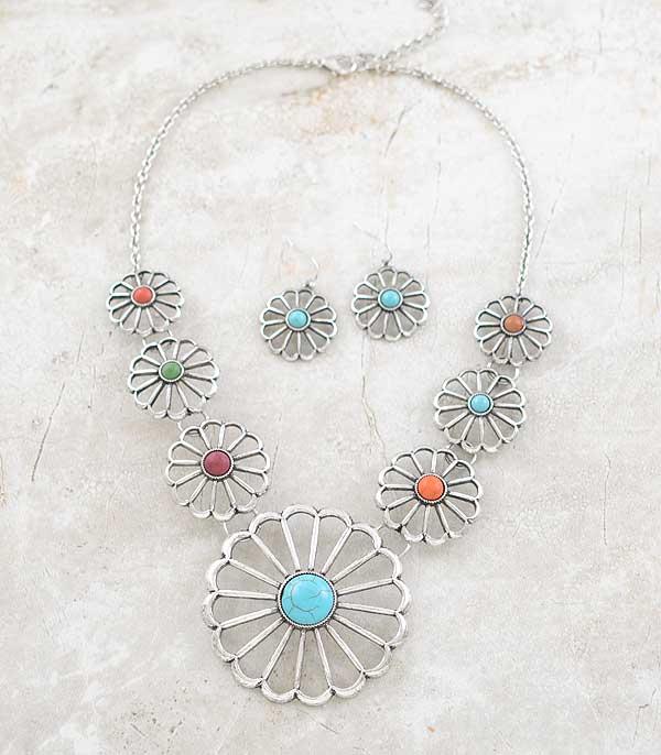 NECKLACES :: TRENDY :: Wholesale Western Multi Stone Flower Necklace Set
