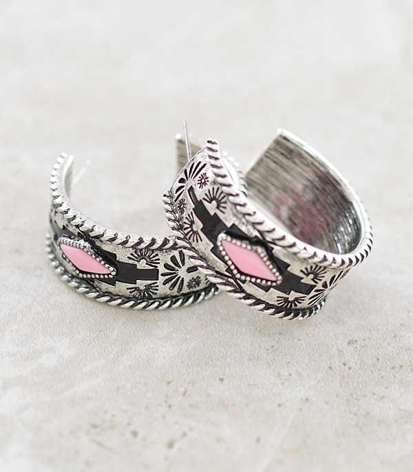<font color=#FF6EC7>PINK COWGIRL</font> :: Wholesale Western Pink Aztec Hoop Earrings