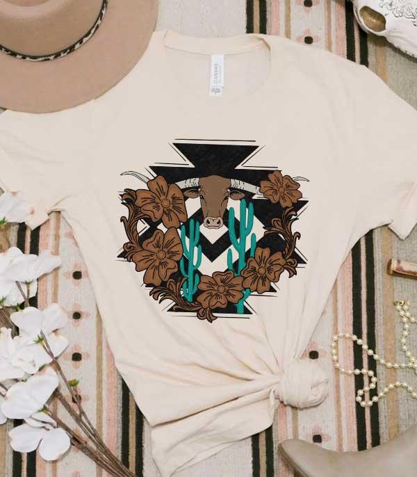GRAPHIC TEES :: GRAPHIC TEES :: Wholesale Western Tooled Aztec Cow Graphic Tshirt