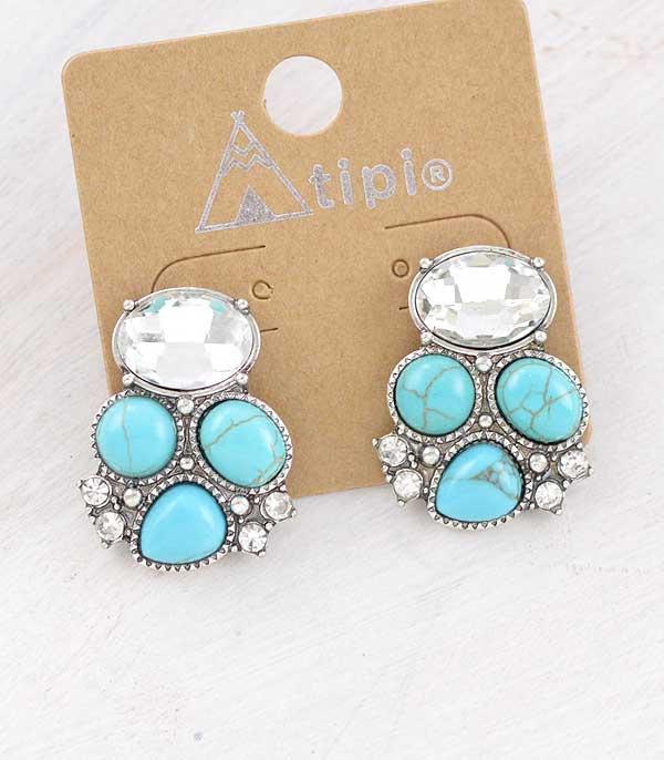 EARRINGS :: WESTERN POST EARRINGS :: Wholesale Tipi Glass Stone Turquoise Earrings