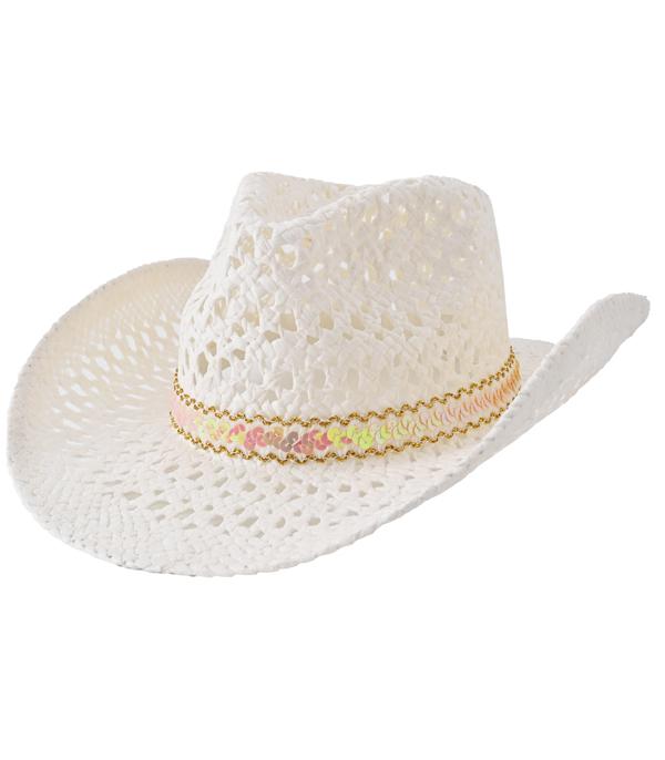 HATS I HAIR ACC :: RANCHER| STRAW HAT :: Wholesale Sequin Trim Cowgirl Straw Hat