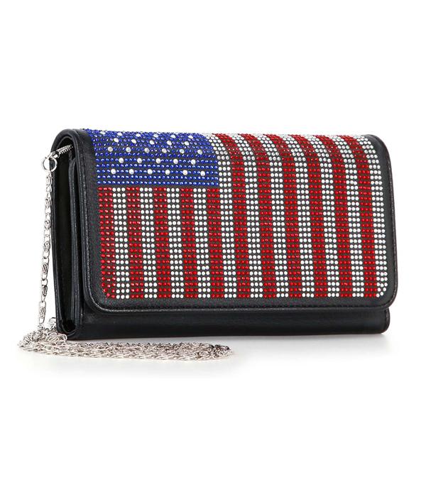 <font color=RED>RED,WHITE, AND BLUE</font> :: Wholesale Rhinestone USA Flag Clutch Crossbody Bag