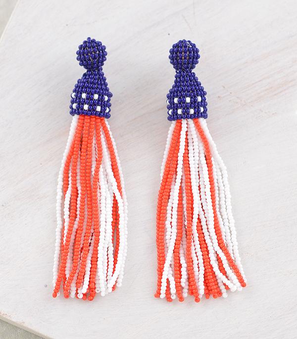 <font color=RED>RED,WHITE, AND BLUE</font> :: Wholesale USA Seed Bead Tassel Earrings