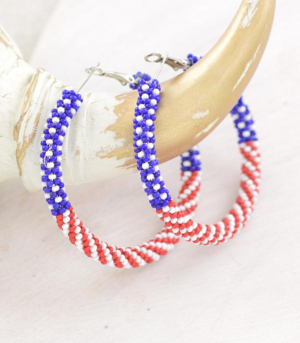 <font color=RED>RED,WHITE, AND BLUE</font> :: Wholesale USA Seed Bead Hoop Earrings
