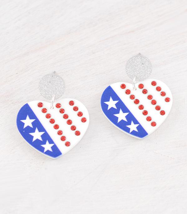 <font color=RED>RED,WHITE, AND BLUE</font> :: Wholesale USA Flag Heart Dangle Earrings