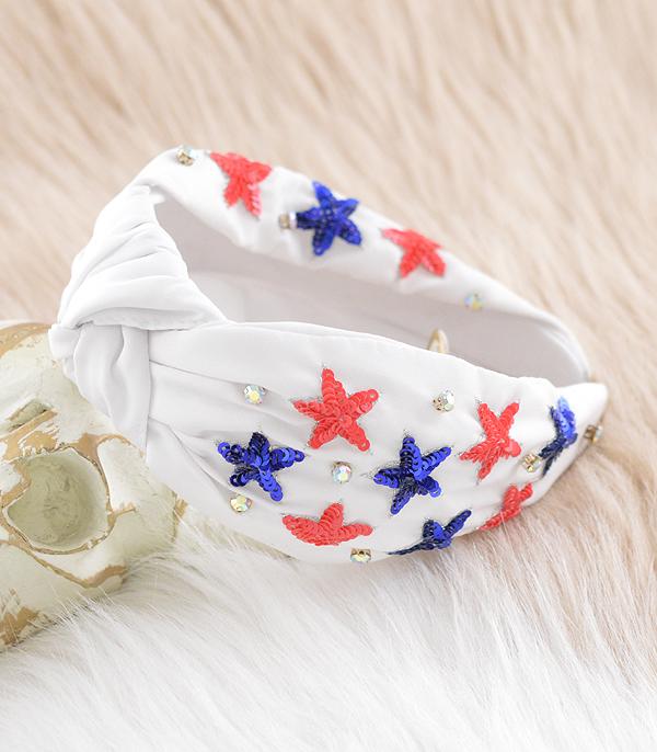 <font color=RED>RED,WHITE, AND BLUE</font> :: Wholesale USA Beaded Star Top Knot Headband