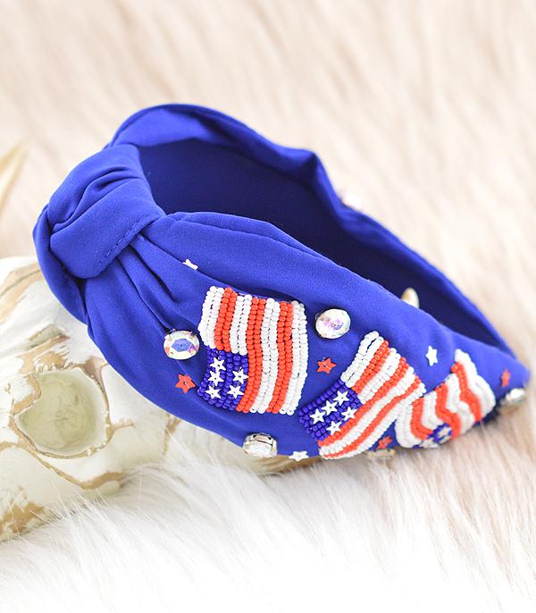 <font color=RED>RED,WHITE, AND BLUE</font> :: Wholesale USA Flag Beaded Top Knot Headband