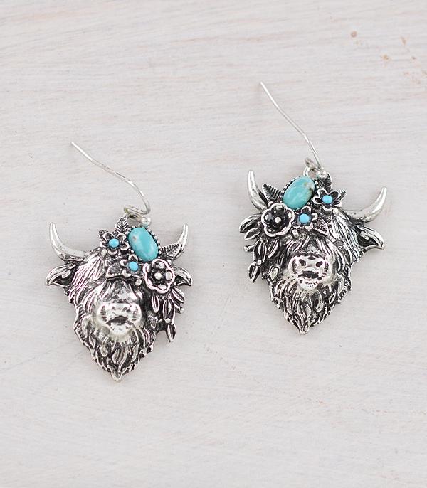EARRINGS :: WESTERN HOOK EARRINGS :: Wholesale Turquoise Highland Cow Earrings