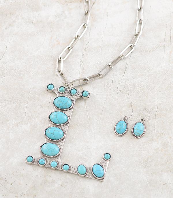 INITIAL JEWELRY :: NECKLACES | RINGS :: Wholesale Oversized Turquoise Initial Necklace Set