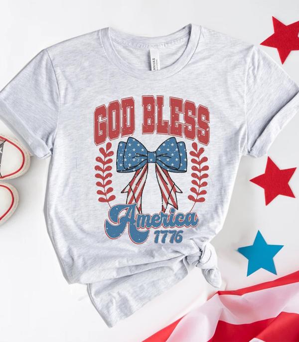 <font color=RED>RED,WHITE, AND BLUE</font> :: Wholesale God Bless America Bow Graphic Tshirt