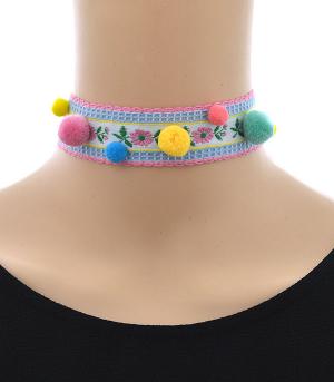 <font color=black>SALE ITEMS</font> :: JEWELRY :: Necklaces :: Embroidered Pom Pom Choker