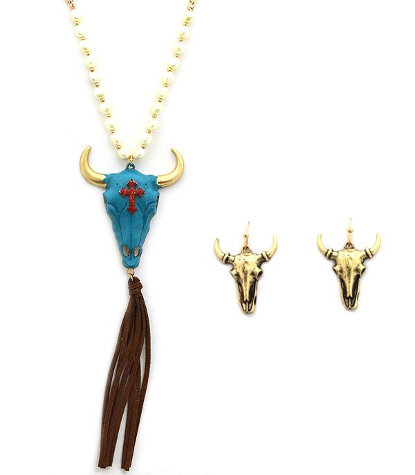 <font color=black>SALE ITEMS</font> :: JEWELRY :: Necklaces :: Steer Head w/Cross Necklace Set