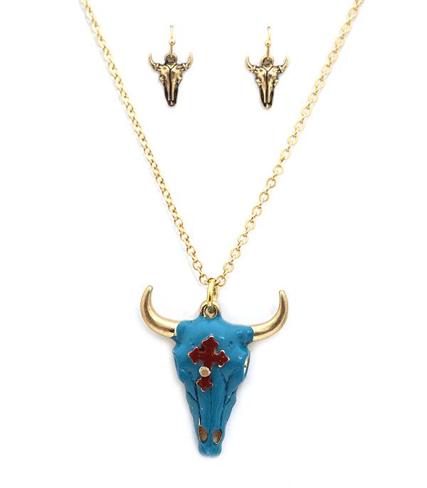 <font color=black>SALE ITEMS</font> :: JEWELRY :: Necklaces :: Steer Head w/Cross Necklace Set