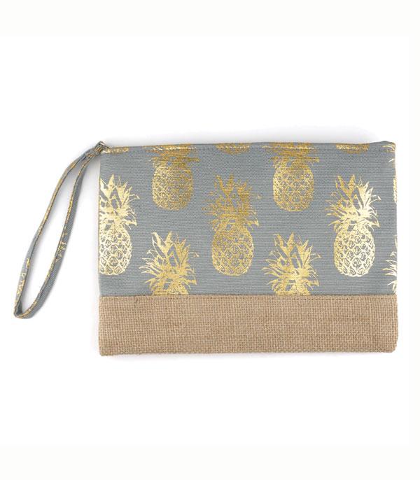 HANDBAGS :: WALLETS | SMALL ACCESSORIES :: Wholesale Gold Foil Pineapple Jute Pouch Bag