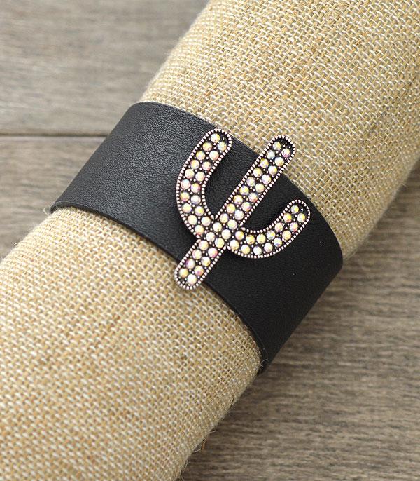 <font color=black>SALE ITEMS</font> :: JEWELRY :: Bracelets :: Wholesale Cactus Rhinestone Leather Bracelet