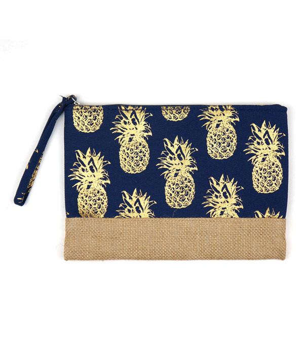 HANDBAGS :: WALLETS | SMALL ACCESSORIES :: Wholesale Gold Foil Pineapple Jute Pouch Bag