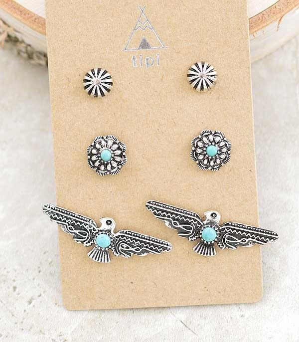 EARRINGS :: POST EARRINGS :: Wholesale 3PC Set Turquoise Western Earrings