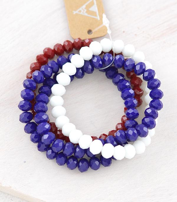 <font color=RED>RED,WHITE, AND BLUE</font> :: Wholesale Glass Bead Stacked Bracelet Set