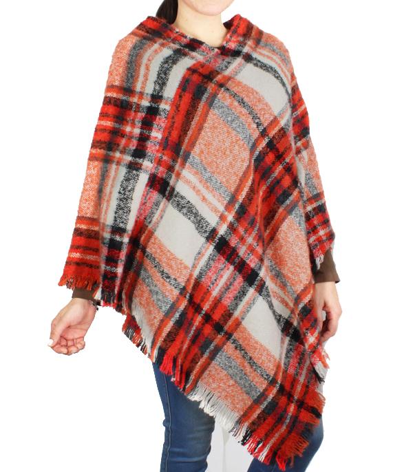 New Arrival :: Wholesale Rust Plaid One Size Poncho