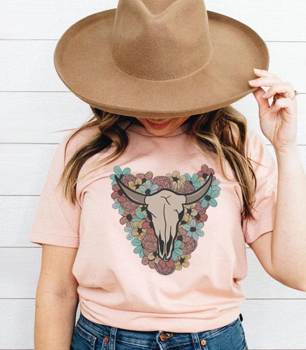 GRAPHIC TEES :: GRAPHIC TEES :: Wholesale Western Floral Bull Skull Vintage Tshirt