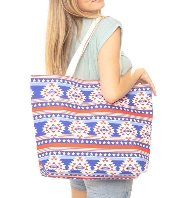 <font color=RED>RED,WHITE, AND BLUE</font> :: Wholesale Patriotic Aztec Print Canvas Tote