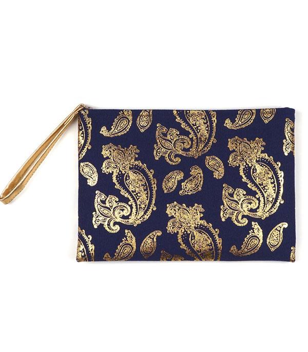 HANDBAGS :: WALLETS | SMALL ACCESSORIES :: Wholesale Gold Foil Paisley Print Pouch Bag