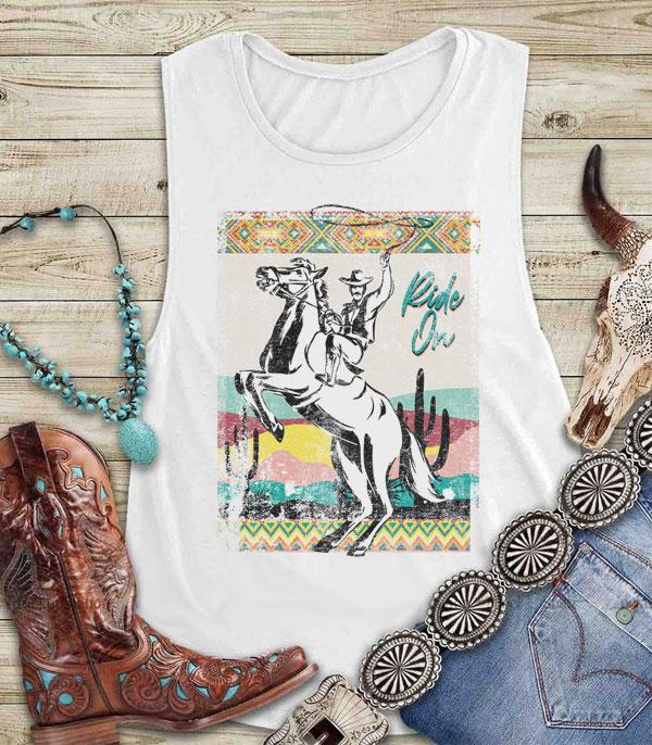 GRAPHIC TEES :: GRAPHIC TEES :: Wholesale Aztec Cowboy Ride On Muscle Tank
