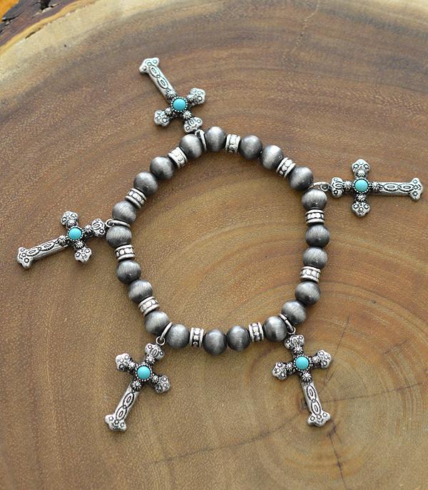 BRACELETS :: STRETCH-BEAD :: Wholesale Western Turquoise Cross Charm Bracelet