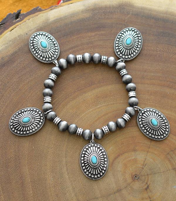 BRACELETS :: STRETCH-BEAD :: Wholesale Western Concho Turquoise Charm Bracelet