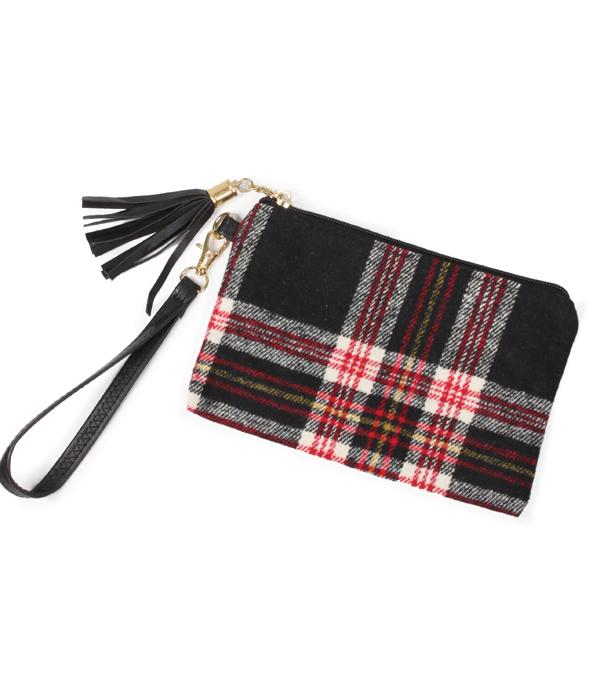 HANDBAGS :: WALLETS | SMALL ACCESSORIES :: Wholesale Plaid Fabric Wristlet Pouch Bag