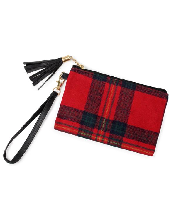 HANDBAGS :: WALLETS | SMALL ACCESSORIES :: Wholesale Plaid Fabric Wristlet Pouch Bag