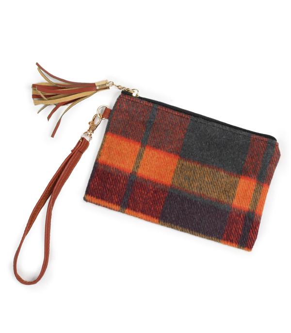 HANDBAGS :: WALLETS | SMALL ACCESSORIES :: Wholesale Plaid Fabric Wristlet Pouch Bag