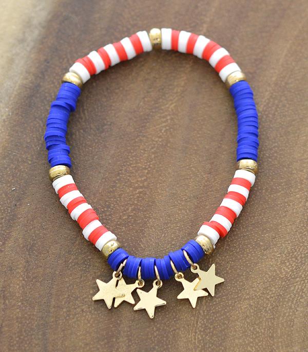 <font color=RED>RED,WHITE, AND BLUE</font> :: Wholesale USA Patriotic Star Charm Bracelet