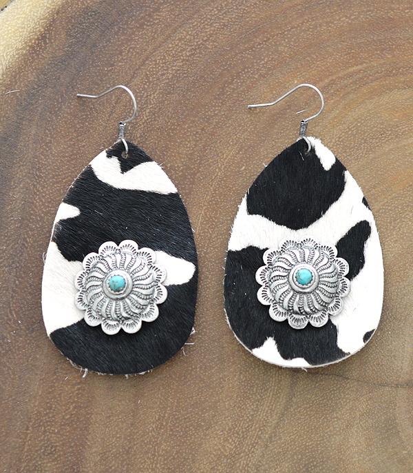 EARRINGS :: WESTERN HOOK EARRINGS :: Wholesale Leather Cowhide Concho Teardrop Earrings