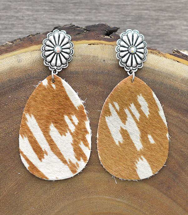 EARRINGS :: WESTERN POST EARRINGS :: Wholesale Leather Cowhide Concho Teardrop Earrings