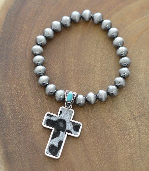 BRACELETS :: STRETCH-BEAD :: Wholesale Animal Faux Hide Cross Charm Bracelet