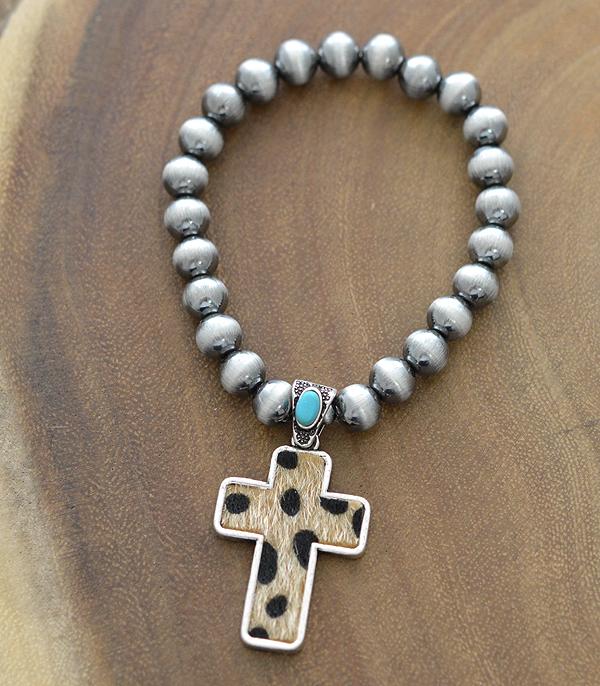 BRACELETS :: STRETCH-BEAD :: Wholesale Animal Faux Hide Cross Charm Bracelet