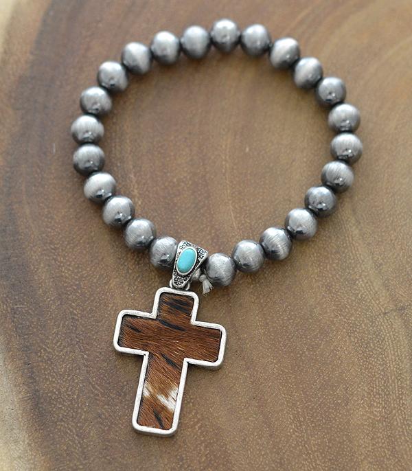 BRACELETS :: STRETCH-BEAD :: Wholesale Animal Faux Hide Cross Charm Bracelet