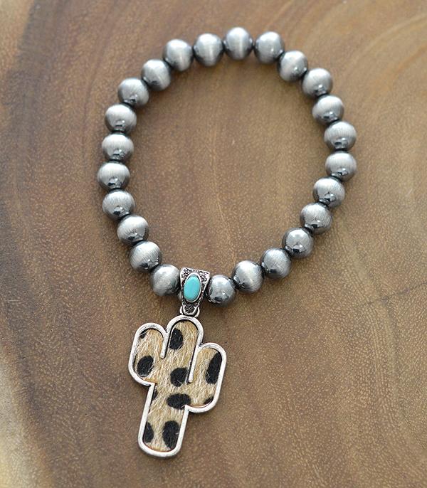 BRACELETS :: STRETCH-BEAD :: Wholesale Animal Faux Hide Cactus Charm Bracelet